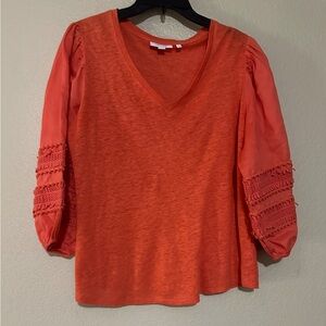 CHICOS ORANGE PUFF SLEEVE LACE LINEN, V NECK TOP